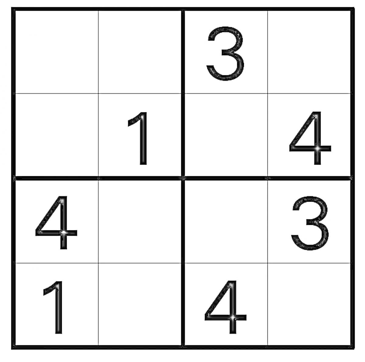 Раскраска Головоломка судоку 4x4 с числами 1, 3 и 4