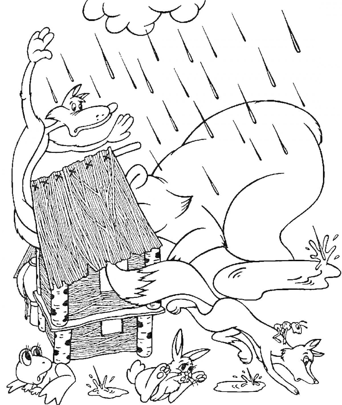 На раскраске изображено: Медведь, Теремок, Дождь, Заяц, Петух, Лес, Дом