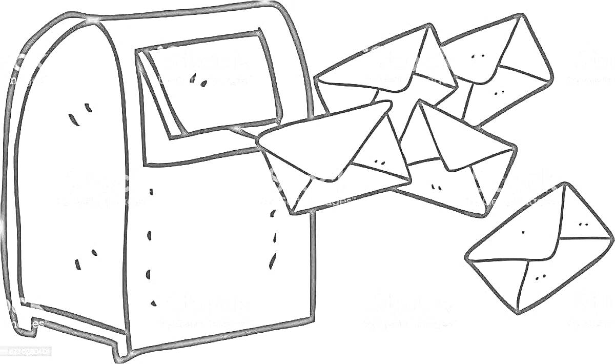 Раскраска Почтовый ящик с пятью конвертами