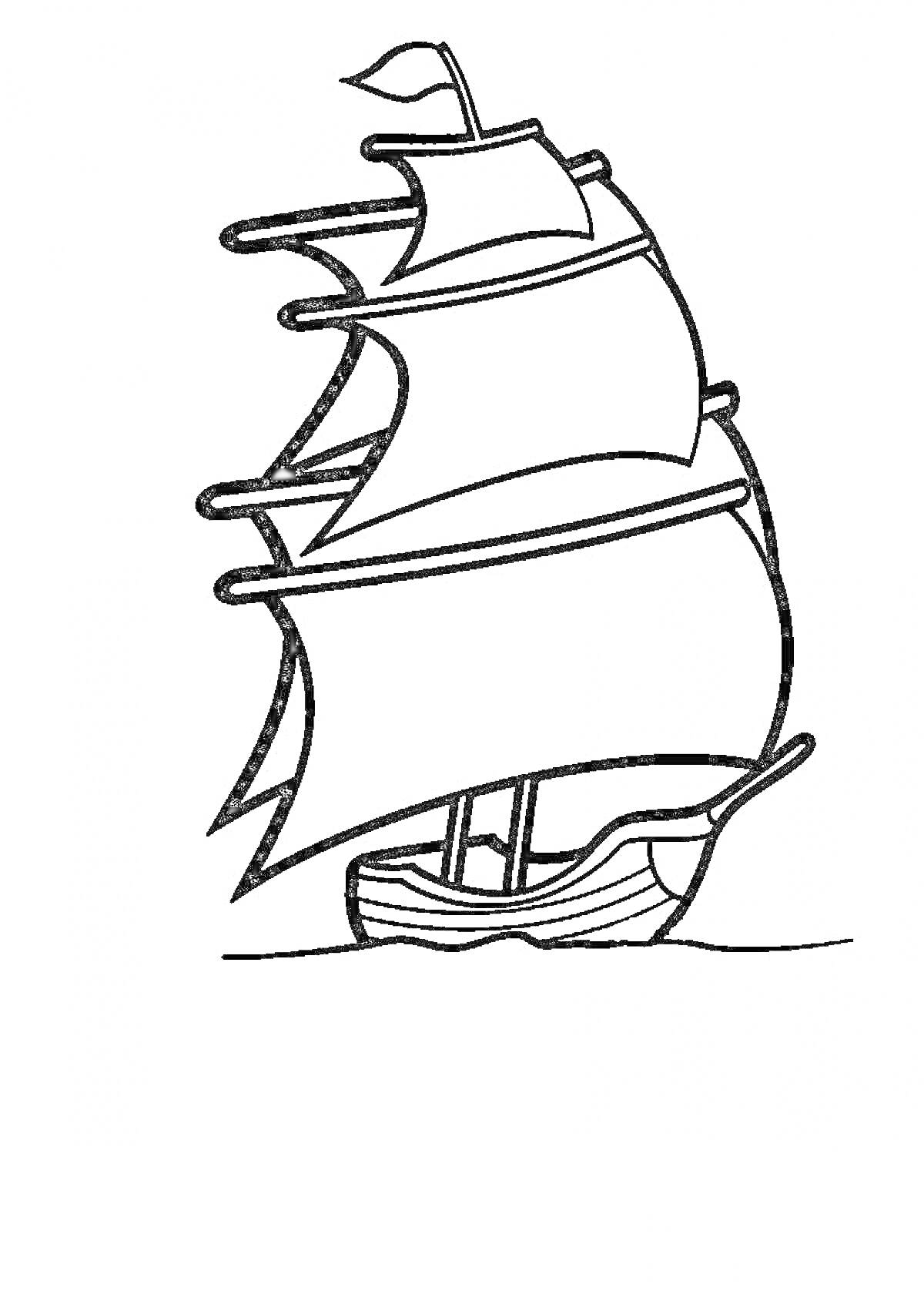 Раскраска Парусник с тремя мачтами в море