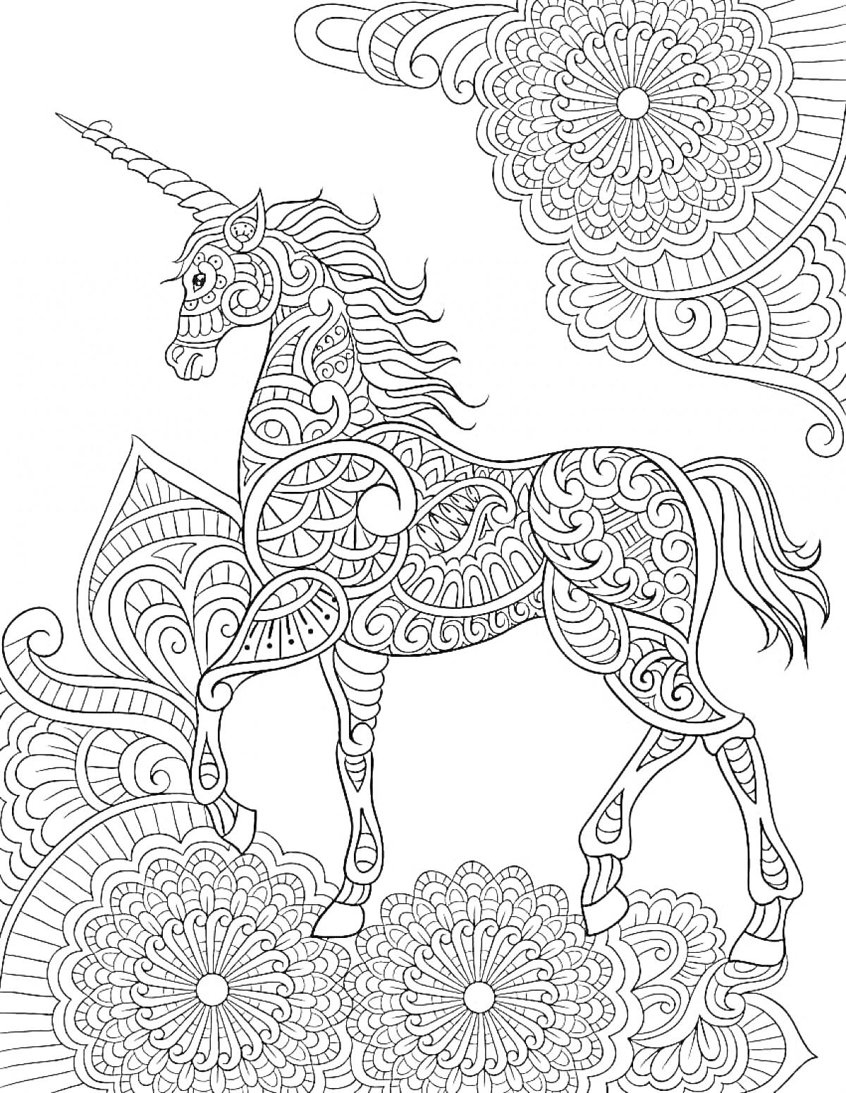 Раскраска Единорог среди узоров и цветов