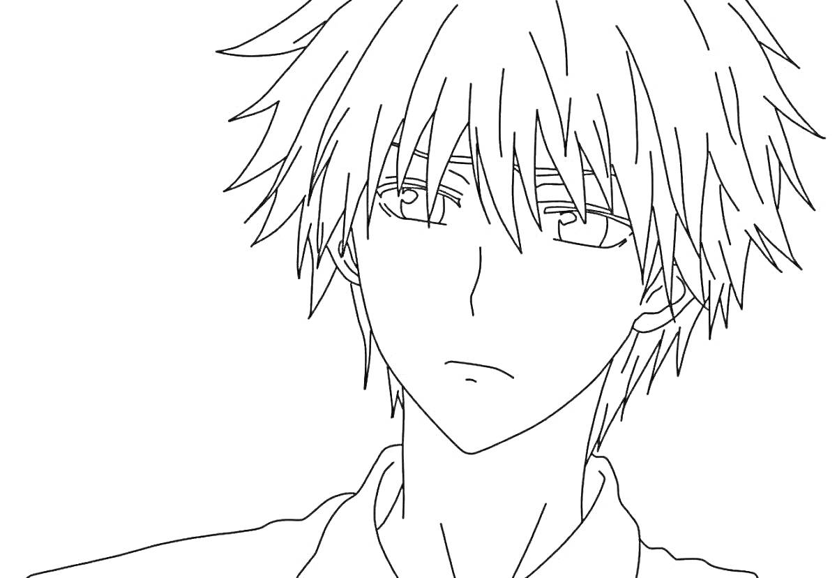 Раскраска Аниме парень с короткими растрепанными волосами, одетый в рубашку, лицо с нейтральным выражением
