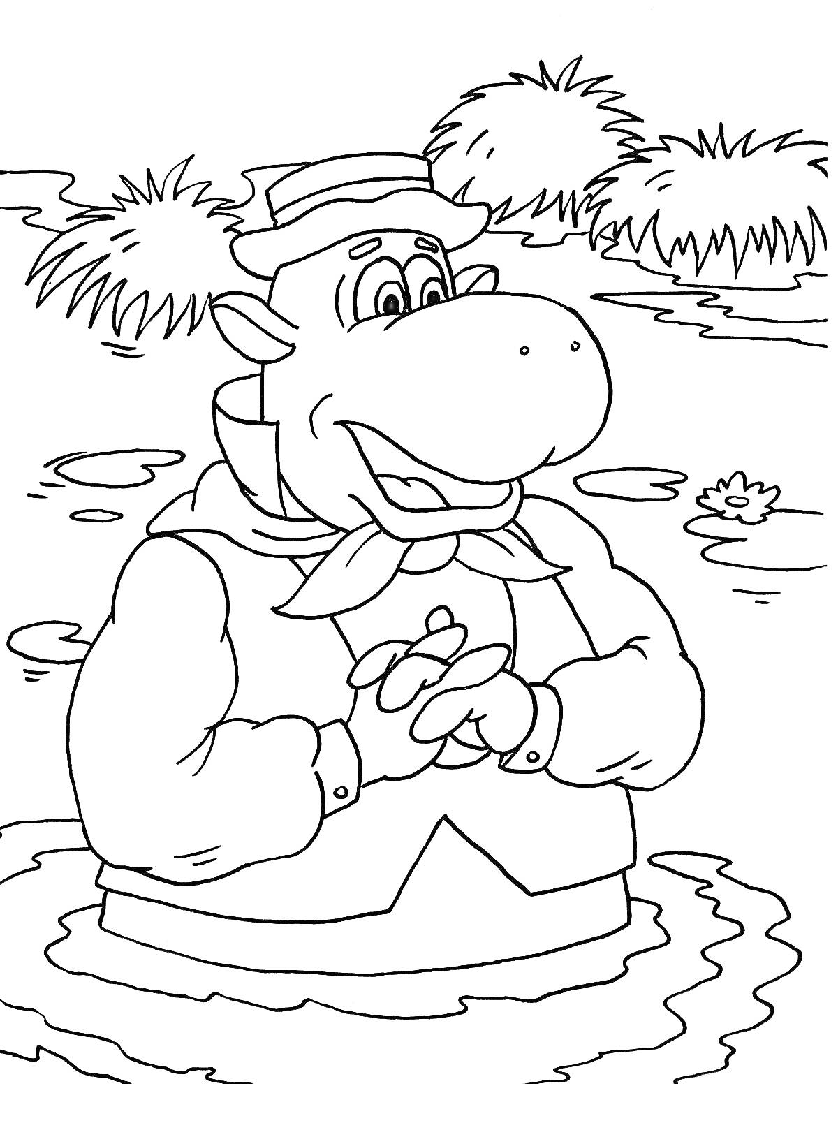 Раскраска персонаж в шляпе и одежде стоит в воде среди камышей