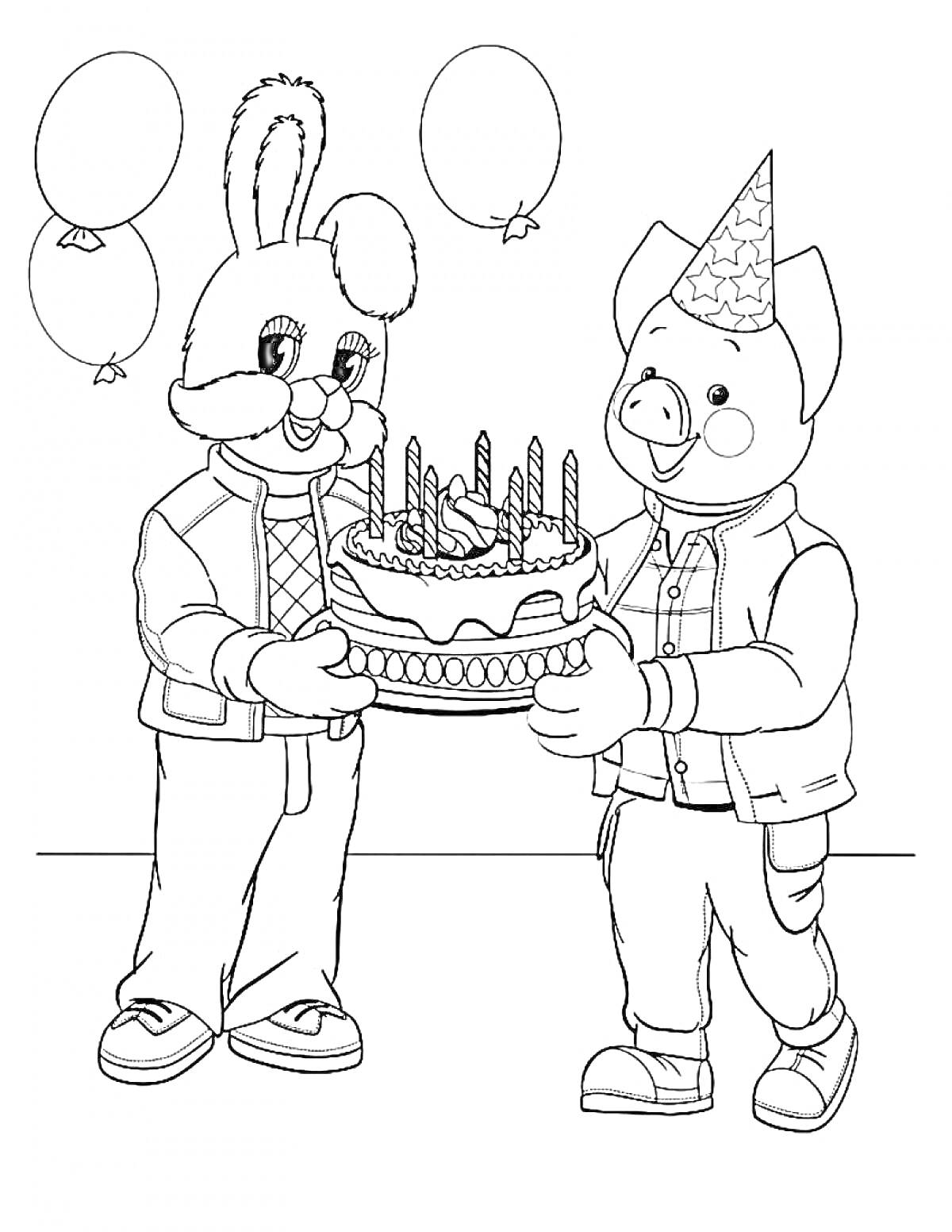 Раскраска Зайчик и поросенок празднуют день рождения с тортом