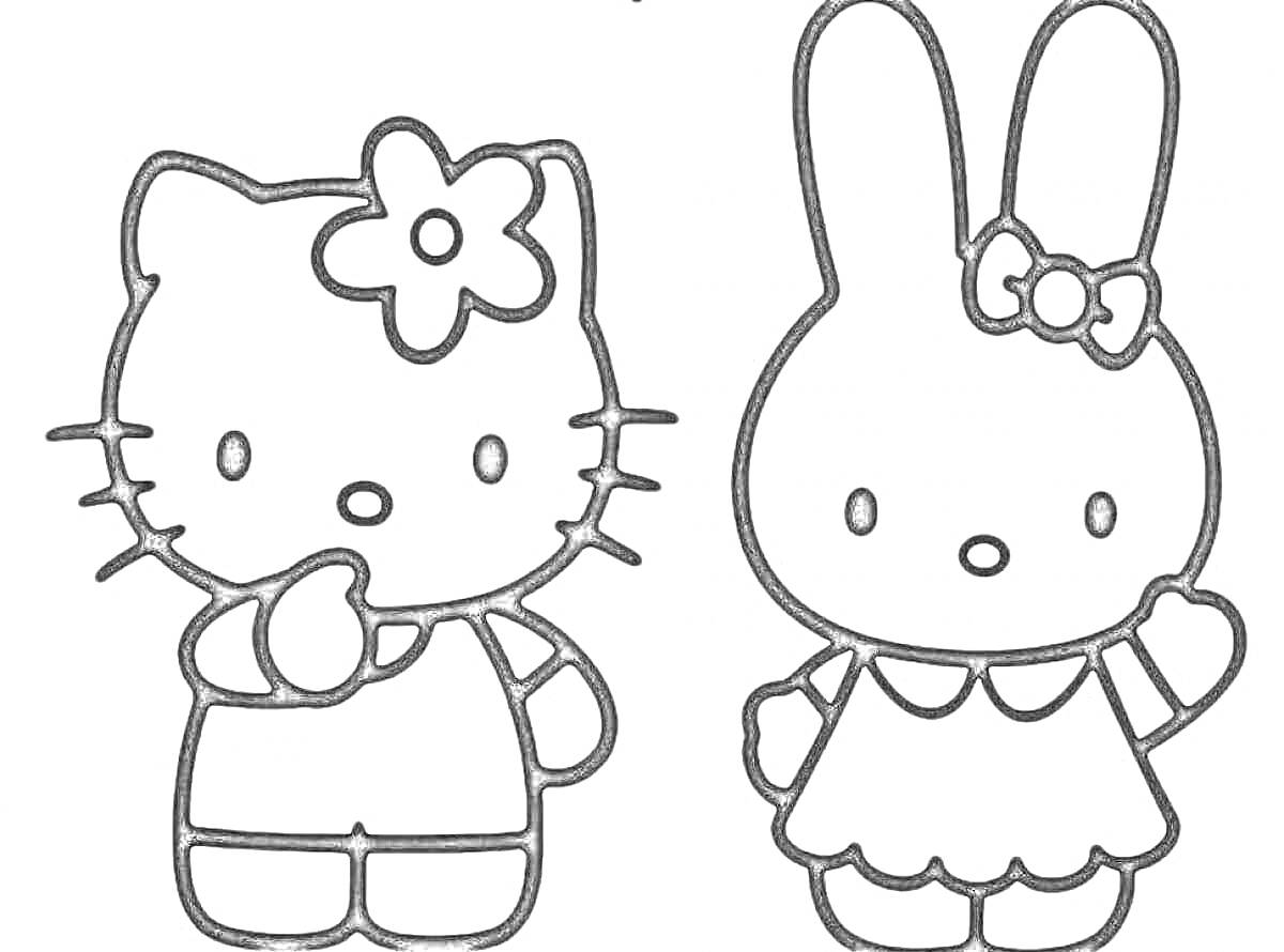 Раскраска Hello Kitty с цветком и зайчик с бантиком