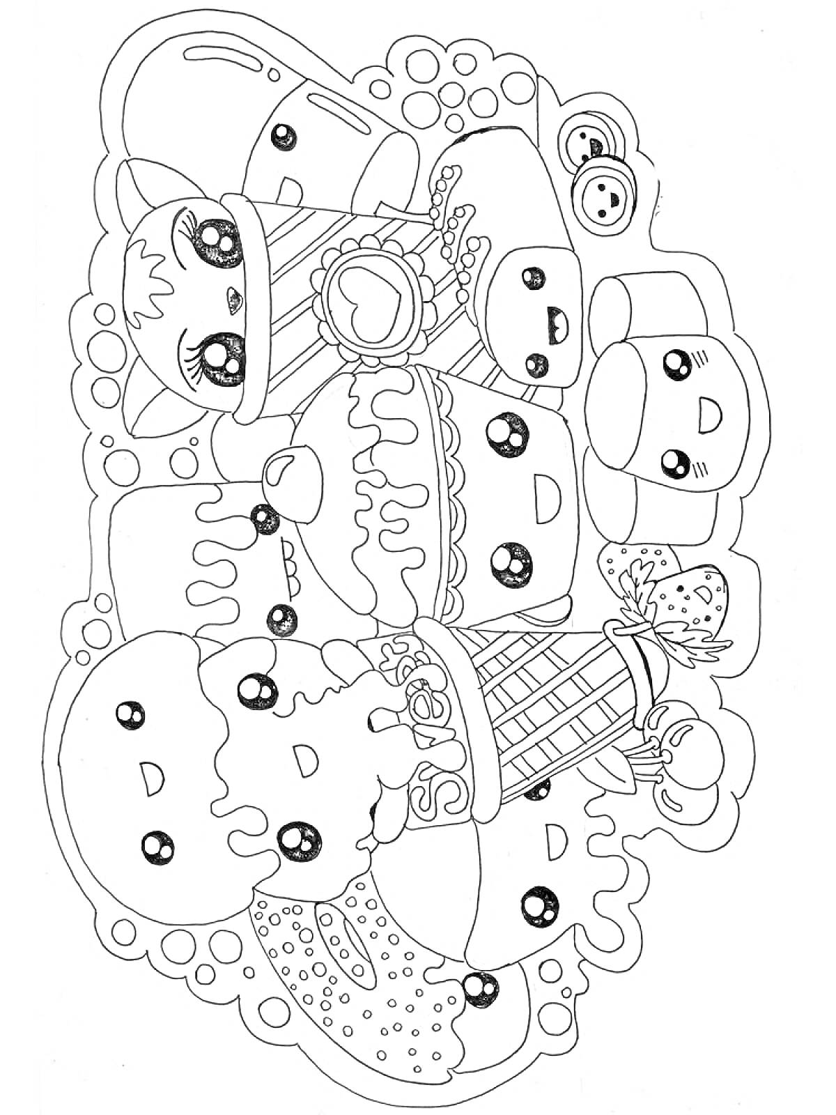 Раскраска Кавайные сладости с разными выражениями лиц среди пузырей и звезд