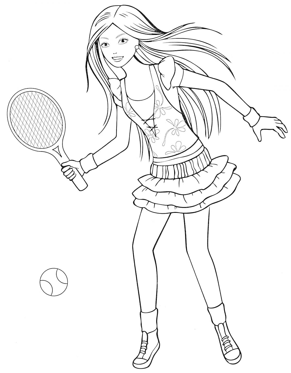 Раскраска Девушка с длинными волосами, играющая в теннис, с ракеткой и мячом.