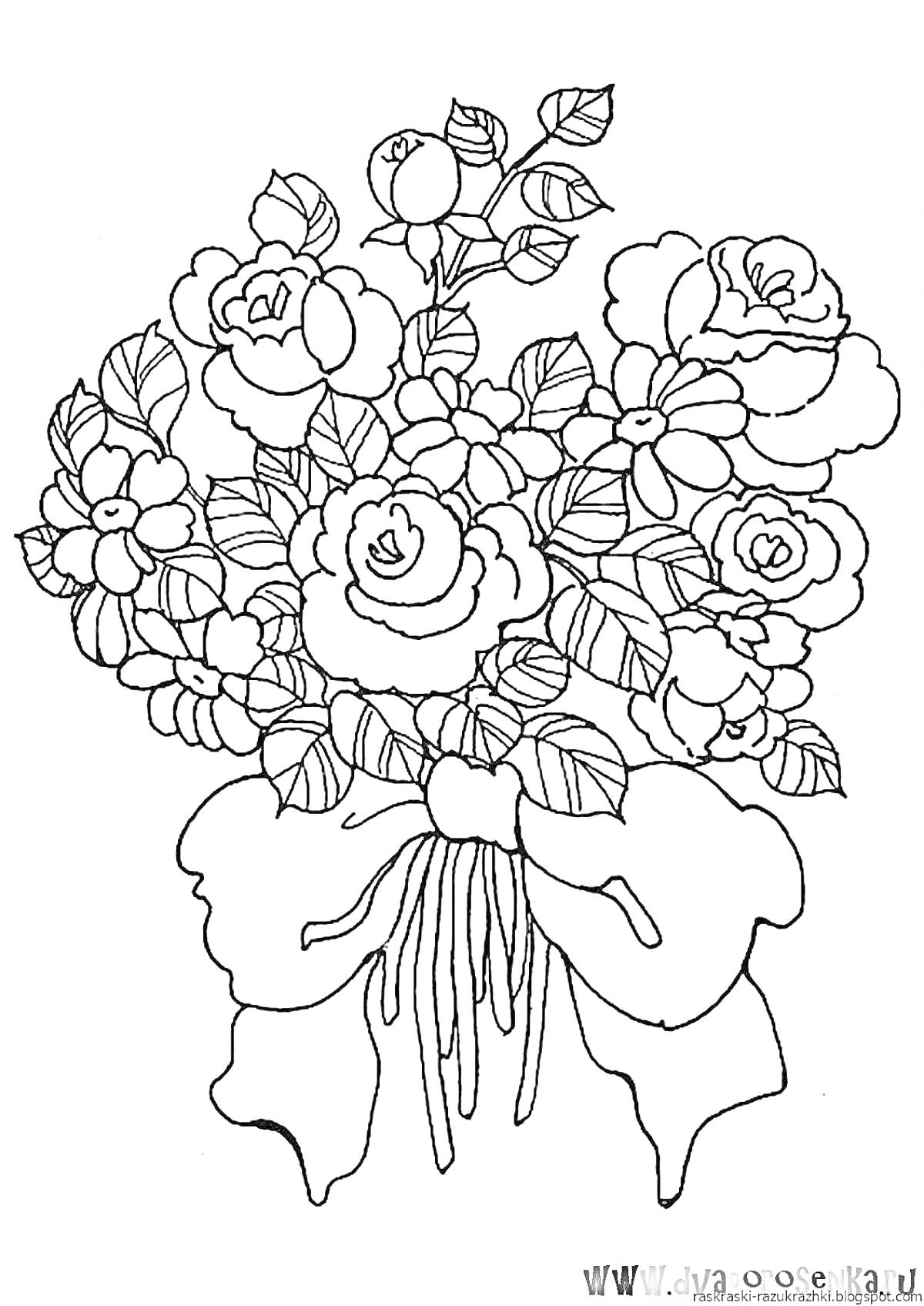 Раскраска Букет с розами и лентой