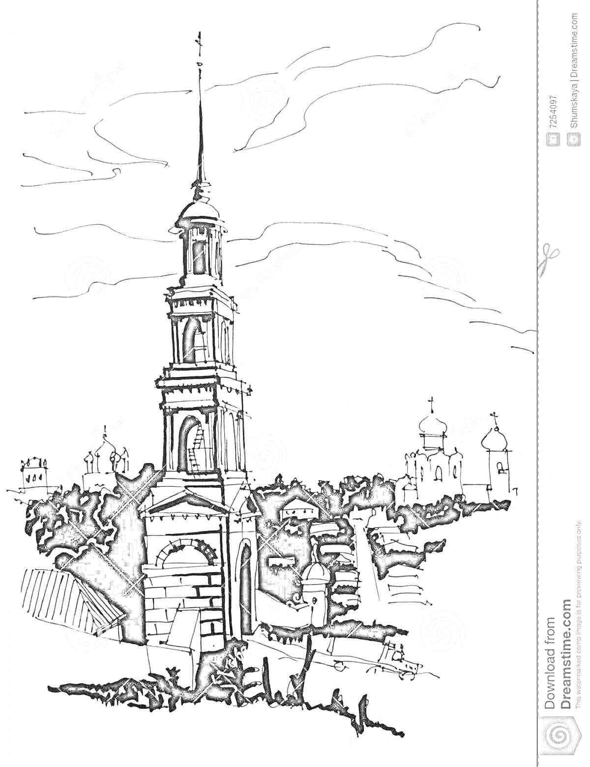Раскраска Колокольня с двумя храмами на заднем плане, деревьями и холмистой местностью