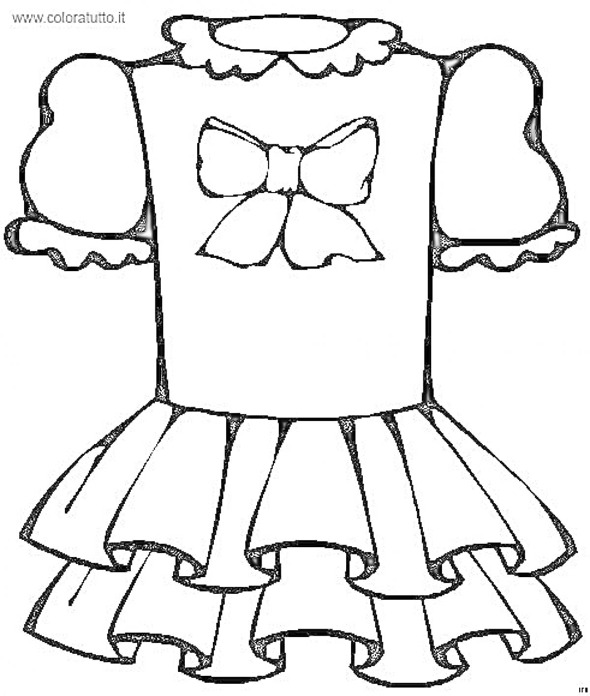 Раскраска Платье с бантом и оборками на воротнике и рукавах