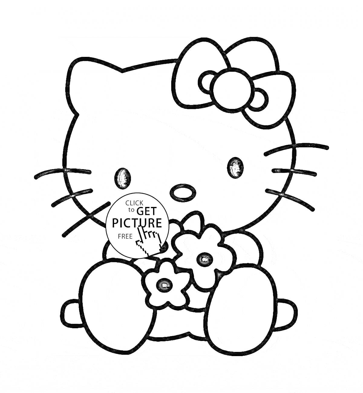 Раскраска Hello Kitty с бантом на голове и цветами