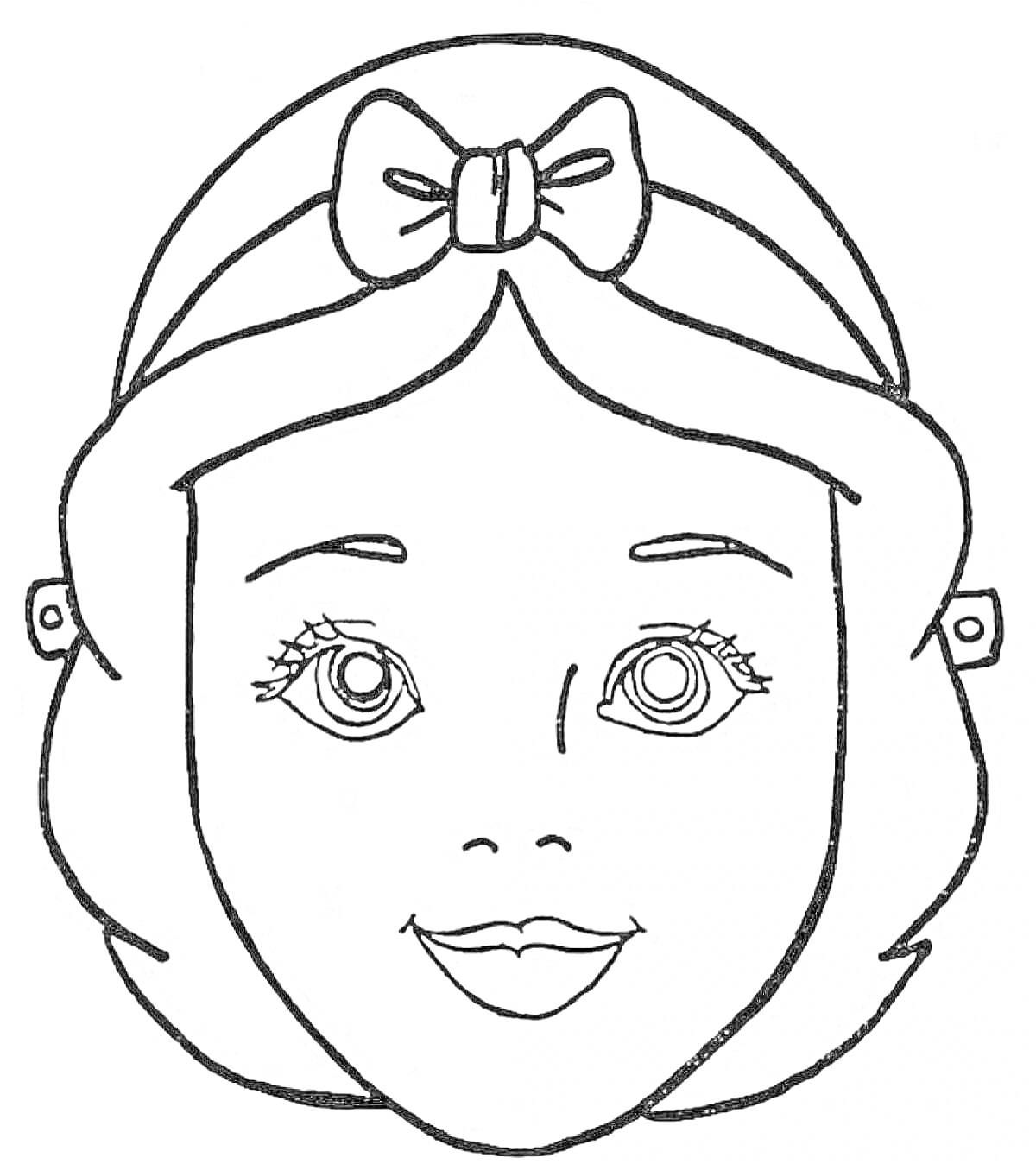 Раскраска Лицо девушки с крупными глазами, аккуратным носом и широкой улыбкой, в волосах повязка с бантом
