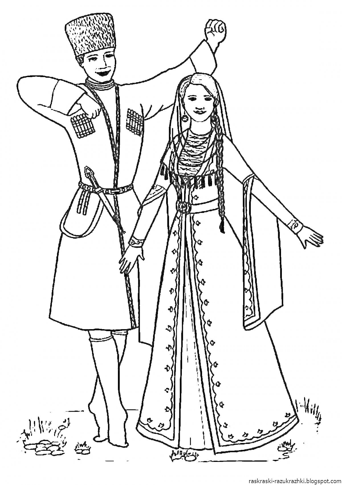 На раскраске изображено: Армянский костюм, Народная одежда, Черкеска, Мужской костюм, Женский костюм, Традиционная одежда, Платок