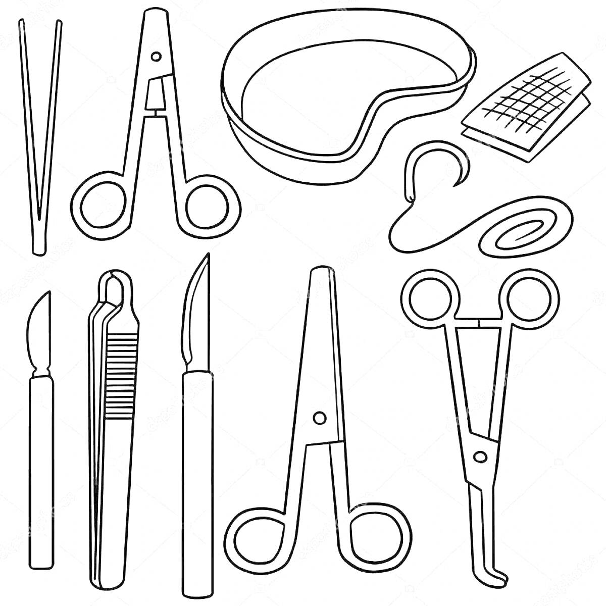 Раскраска Медицинские инструменты для детей: пинцет, ножницы, лоток для отходов в форме почки, медицинские салфетки, стетоскоп, бинт, скальпель, зажимы