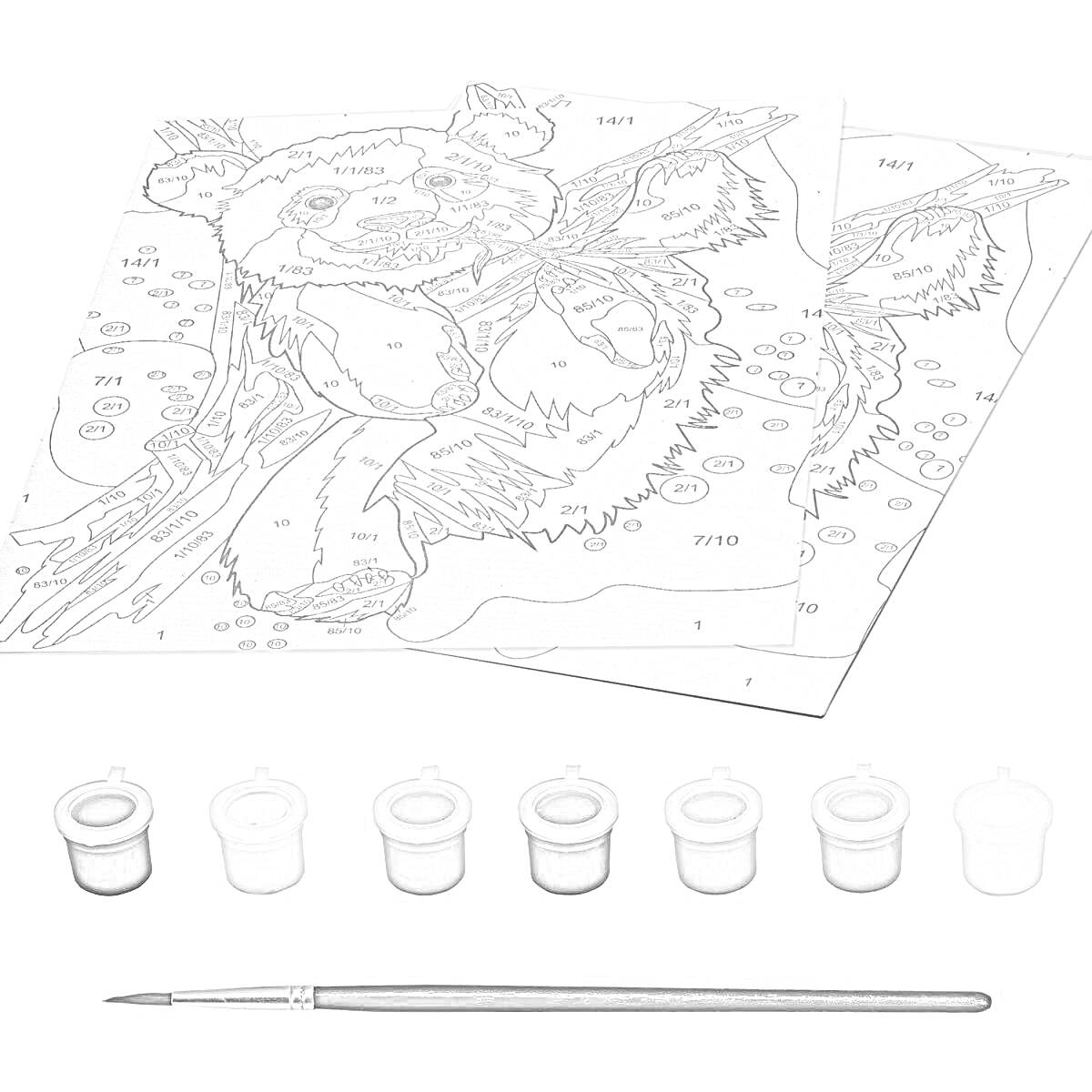 Раскраска Раскраска по номерам. Панда на дереве с красками и кисточкой