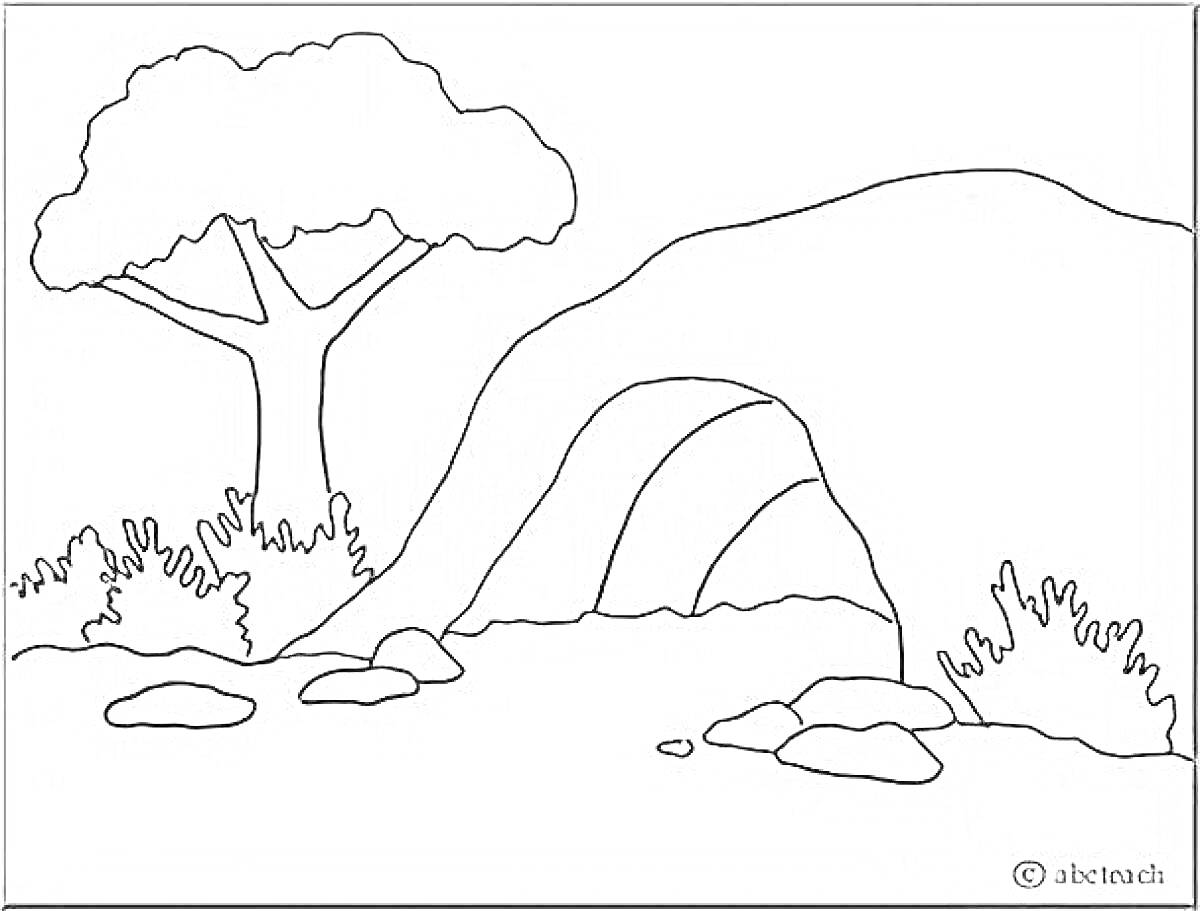 На раскраске изображено: Нора, Кусты, Камни, Природа, Пещера