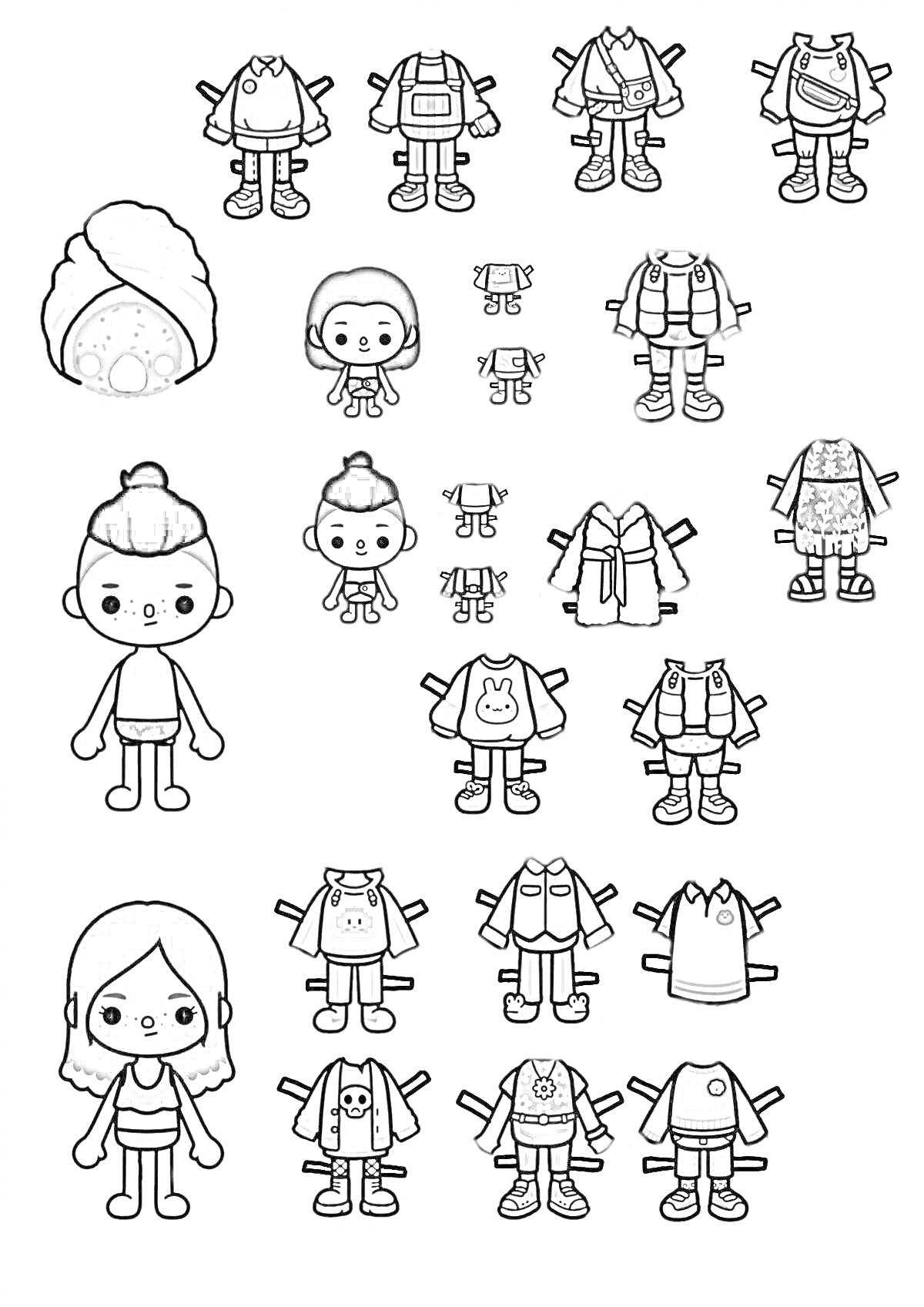 Раскраска Маленькие человечки Тока Бока с разнообразной одеждой и костюмами, включая костюм улитки, зимнюю одежду, повседневные наряды и наряд с черепом
