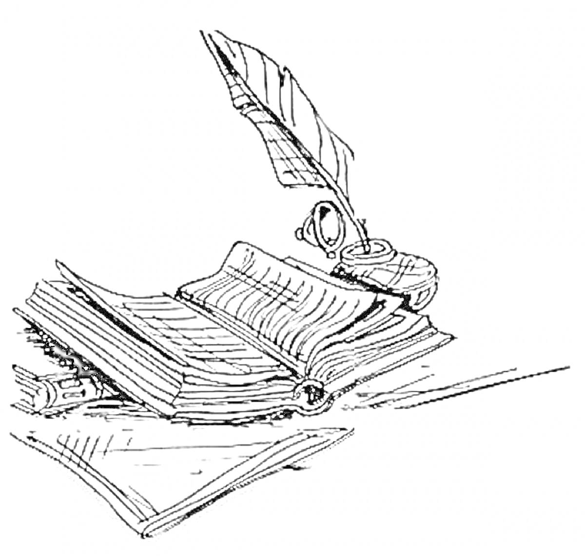 Раскраска Открытая книга с пером, чернильницей и свитком