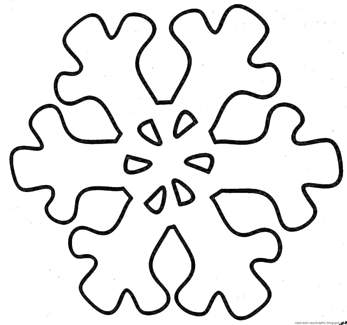 Раскраска Снежинка с шестью крупными и изогнутыми лучами