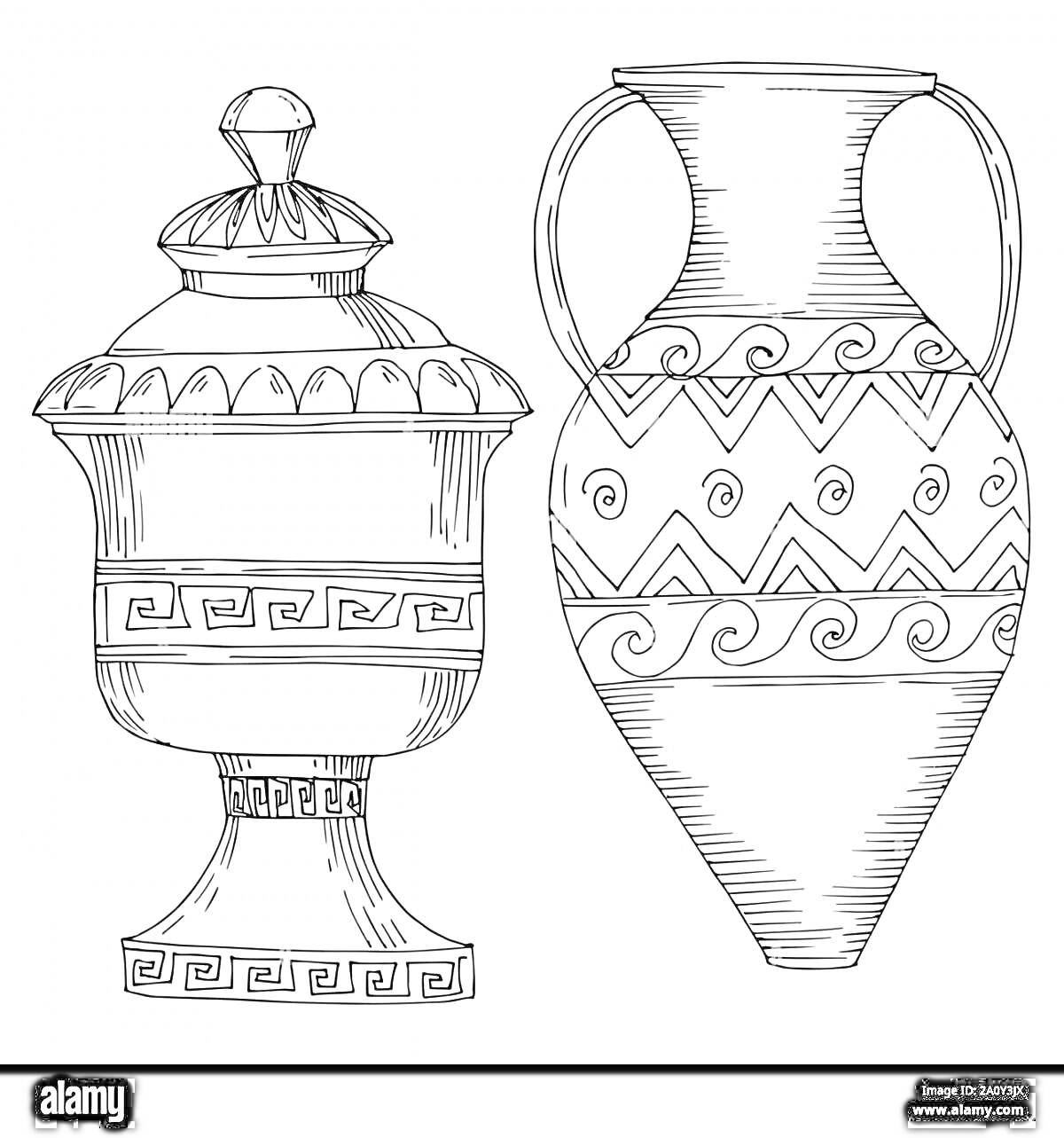 Раскраска Ваза с крышкой и греческим орнаментом и амфора с ручками и геометрическим узором