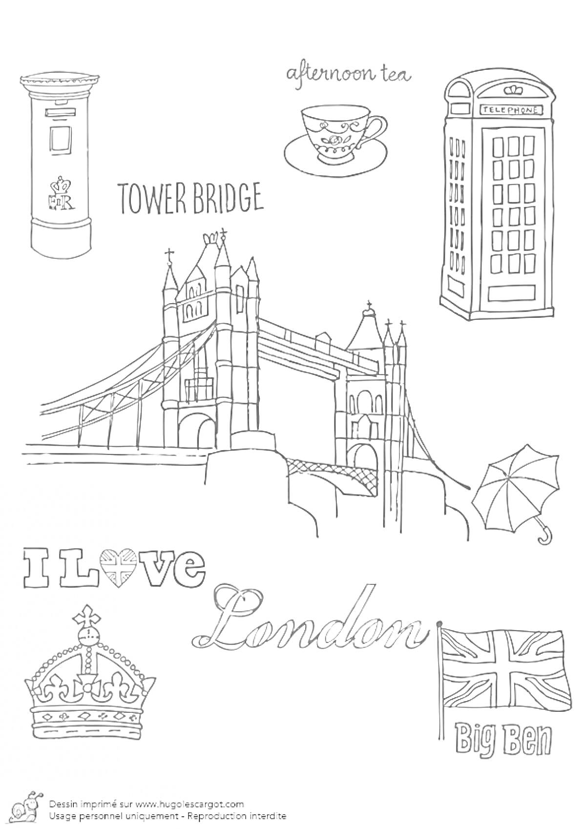 На раскраске изображено: Лондон, Достопримечательности, Телефонная будка, Почтовый ящик, Чаепитие, Зонт, Корона, Флаг Великобритании