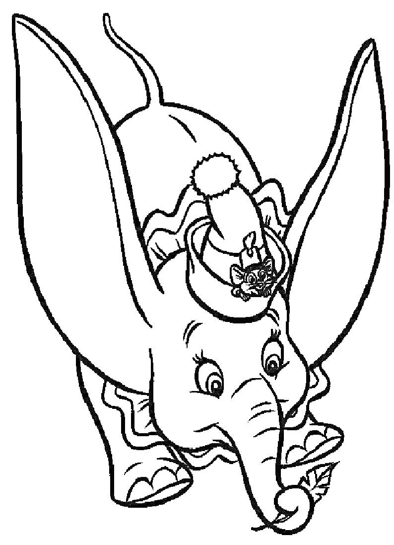 На раскраске изображено: Дамбо, Слон, Мышь, Из мультфильмов, Цирк, Перья