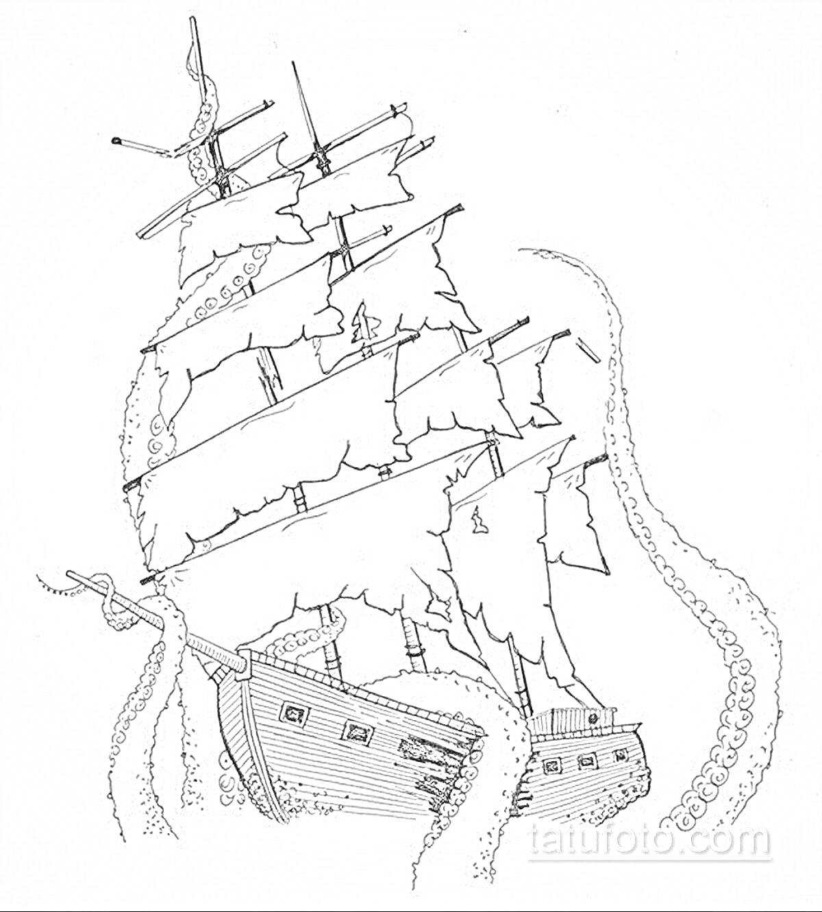 На раскраске изображено: Корабль, Паруса, Щупальца, Пиратский корабль, Море, Приключения, Пираты, Кракен, Морское чудовище