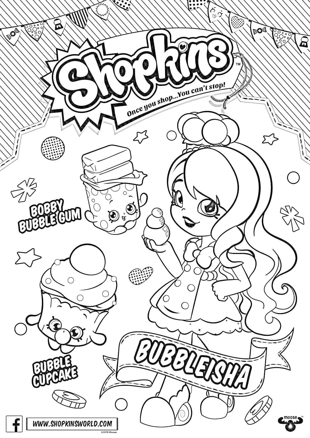 Раскраска Shopkins: Bubbleisha с Bobby Bubblegum и Bubble Cupcake