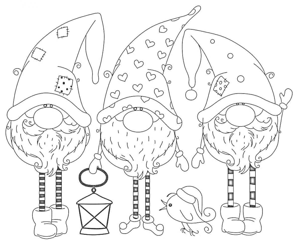 Раскраска Три новогодних гнома в шапках с лоскутами, сердцами и пуговками, держат фонарь, рядом новогодняя птичка
