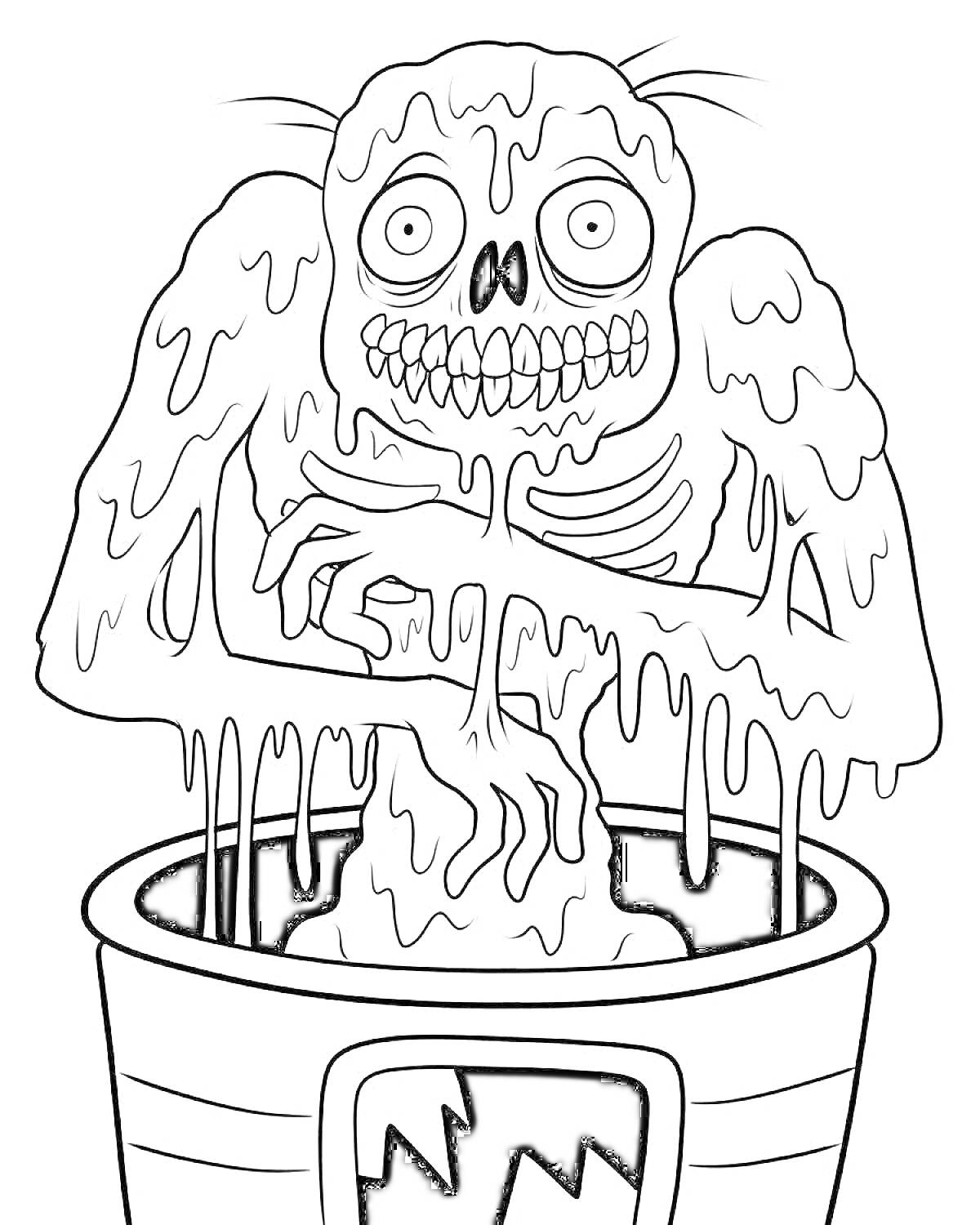 На раскраске изображено: Скелет, Слизь, Страшилки, Выпученные глаза, Зубы, Монстр