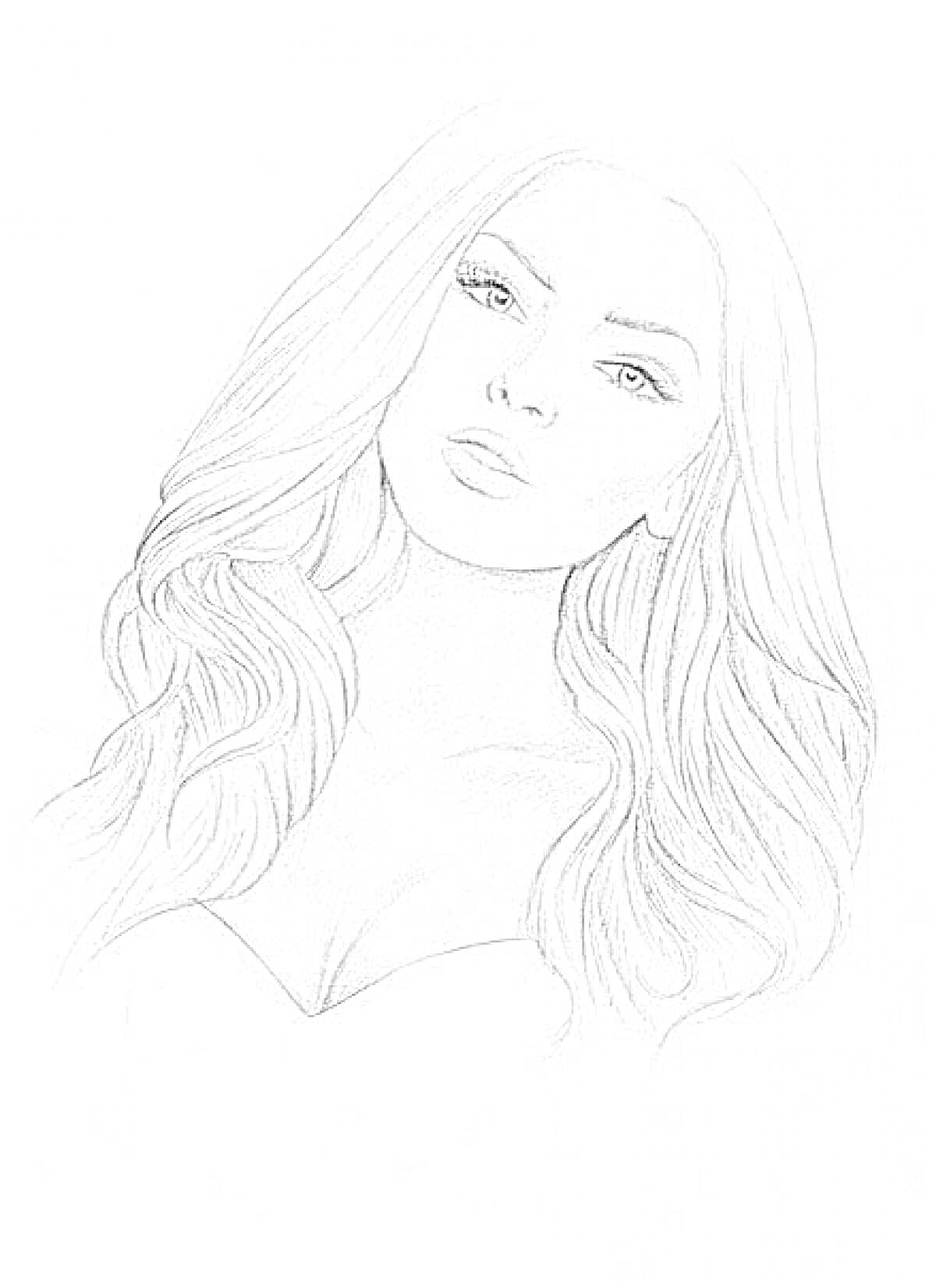 Раскраска Портрет девушки с длинными волнистыми волосами и декольте