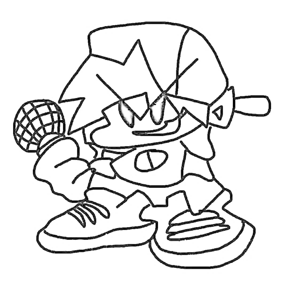 Раскраска Персонаж из темы Friday Night Funkin с микрофоном и кепкой