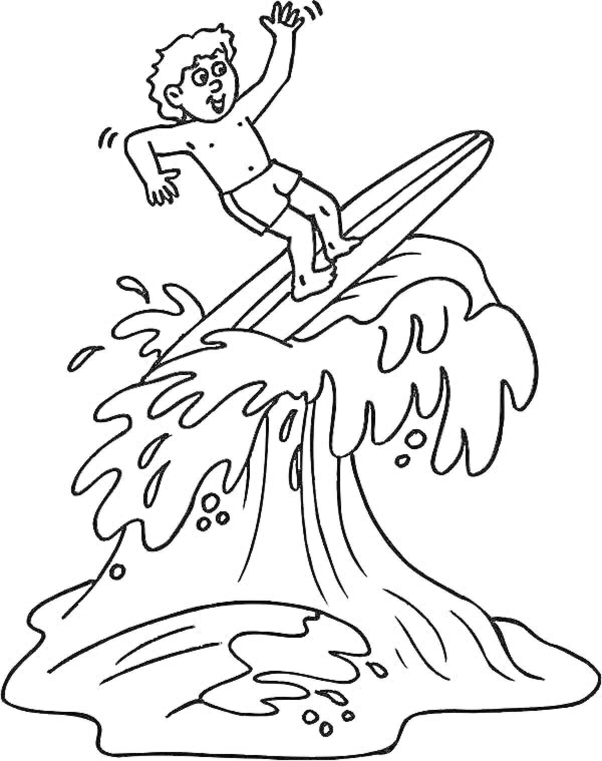 Серфер на доске для серфинга, едущий по волне