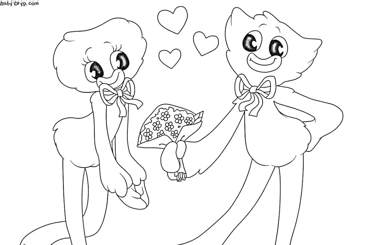 Раскраска Два персонажа с бантиками и цветами, три сердца
