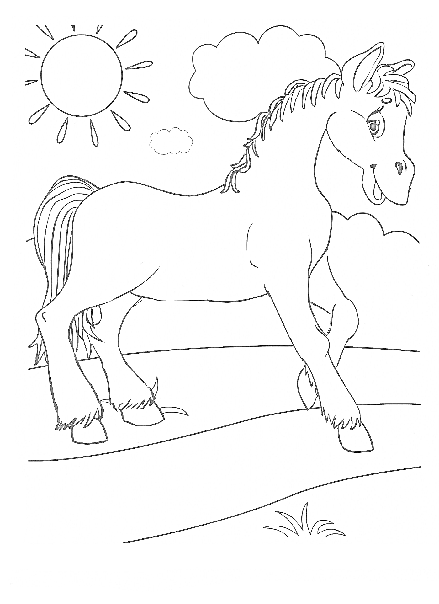 Раскраска Лошадь, солнце, облака, луг