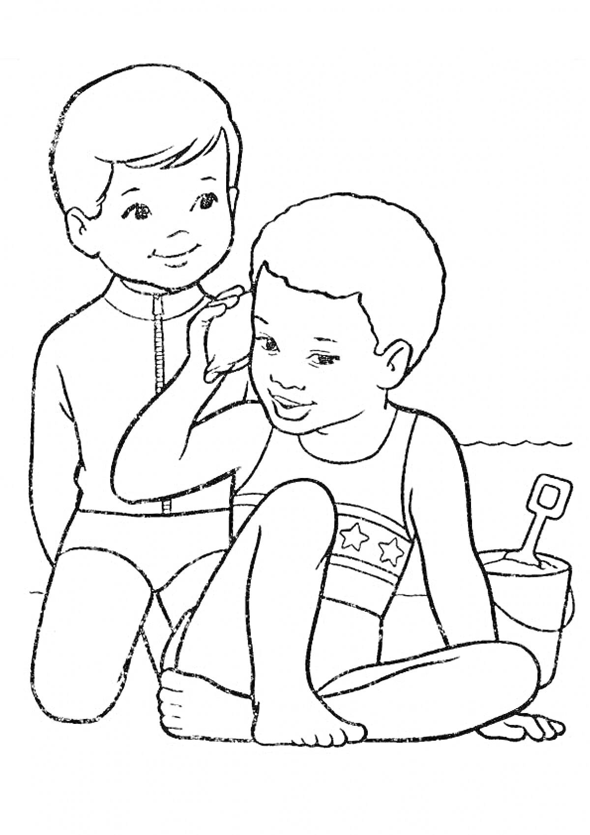 Раскраска Два ребёнка на пляже с ведёрком и лопаткой