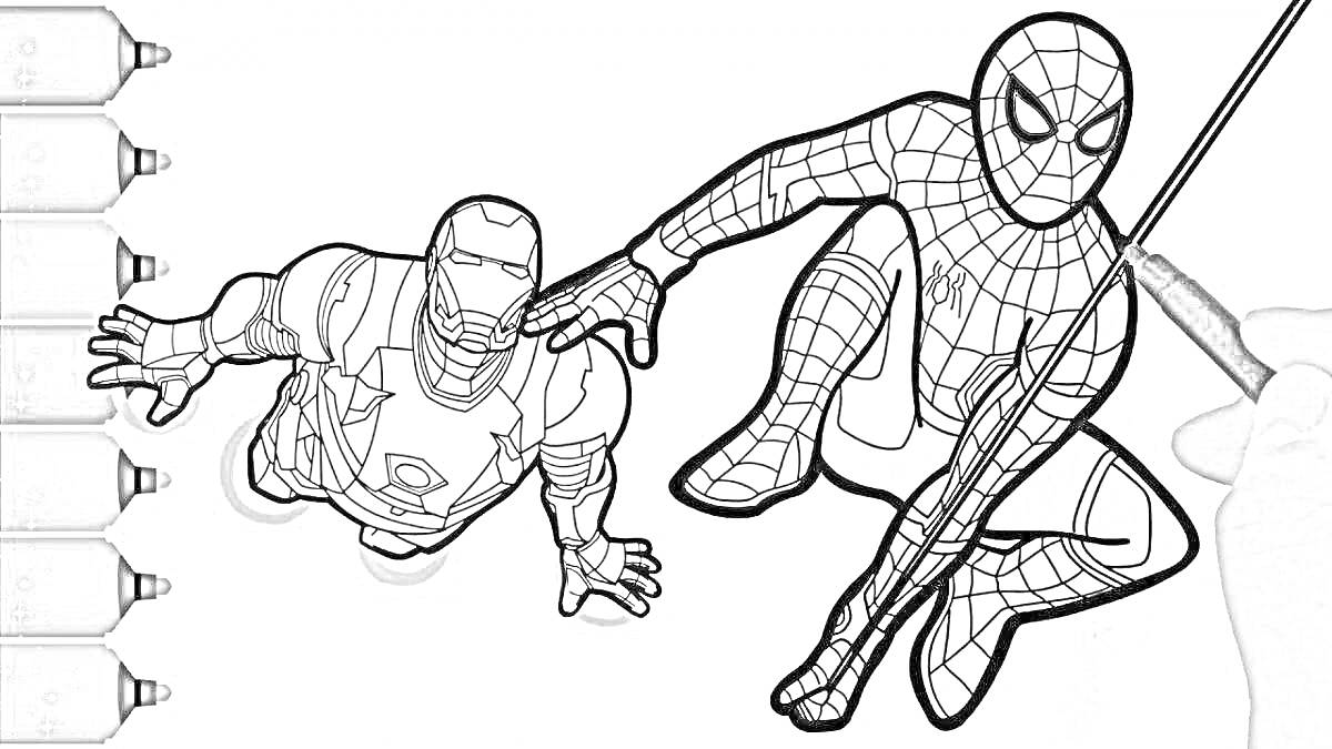 Раскраска Человек-Паук и Железный Человек в боевой позе (без щита), процесс раскрашивания с маркерами