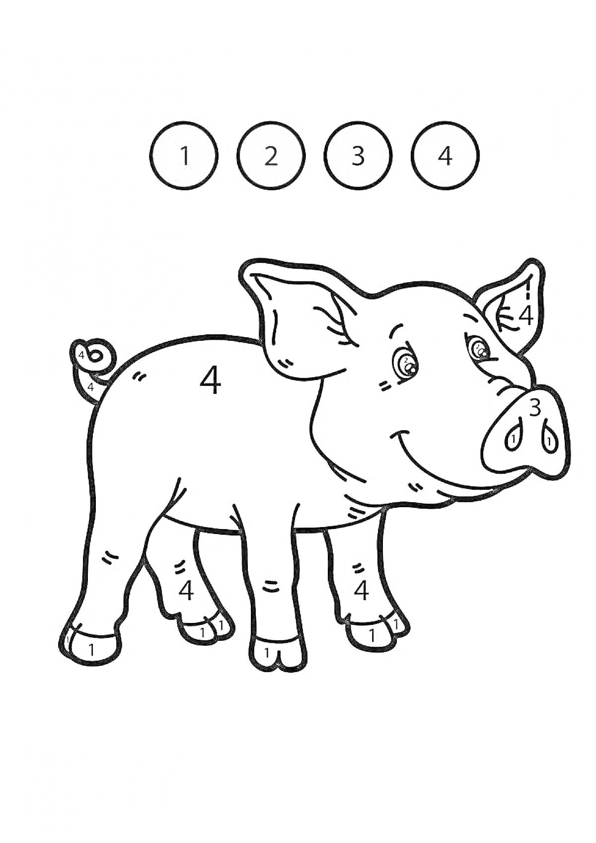 Раскраска Раскраска по номерам с изображением поросенка, с номерами 1-4 и соответствующими цветами (1 - коричневый, 2 - зеленый, 3 - розовый, 4 - светло-розовый)