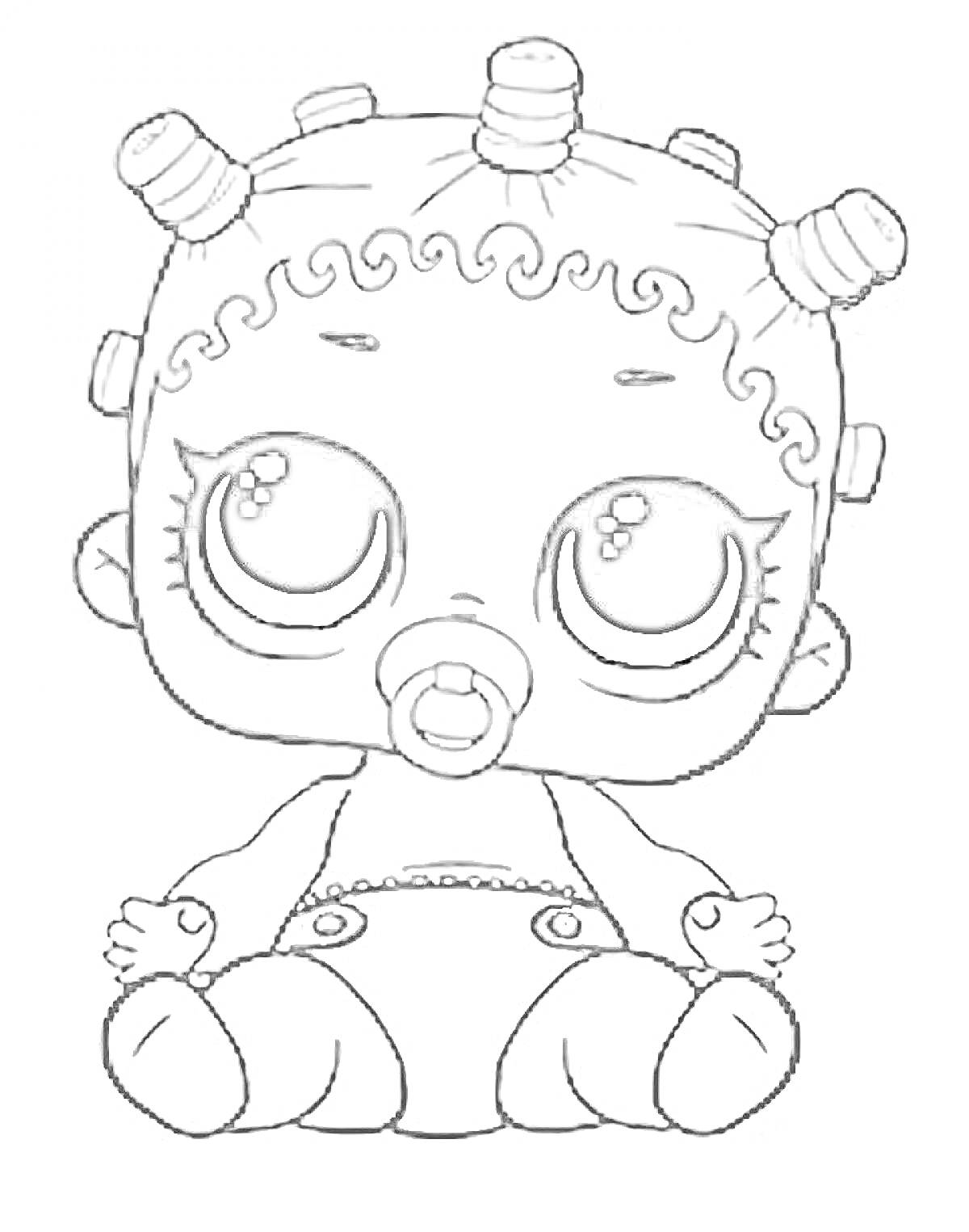 Раскраска Кукла Лол с пустышкой, сидящая, с соской и завитками на голове