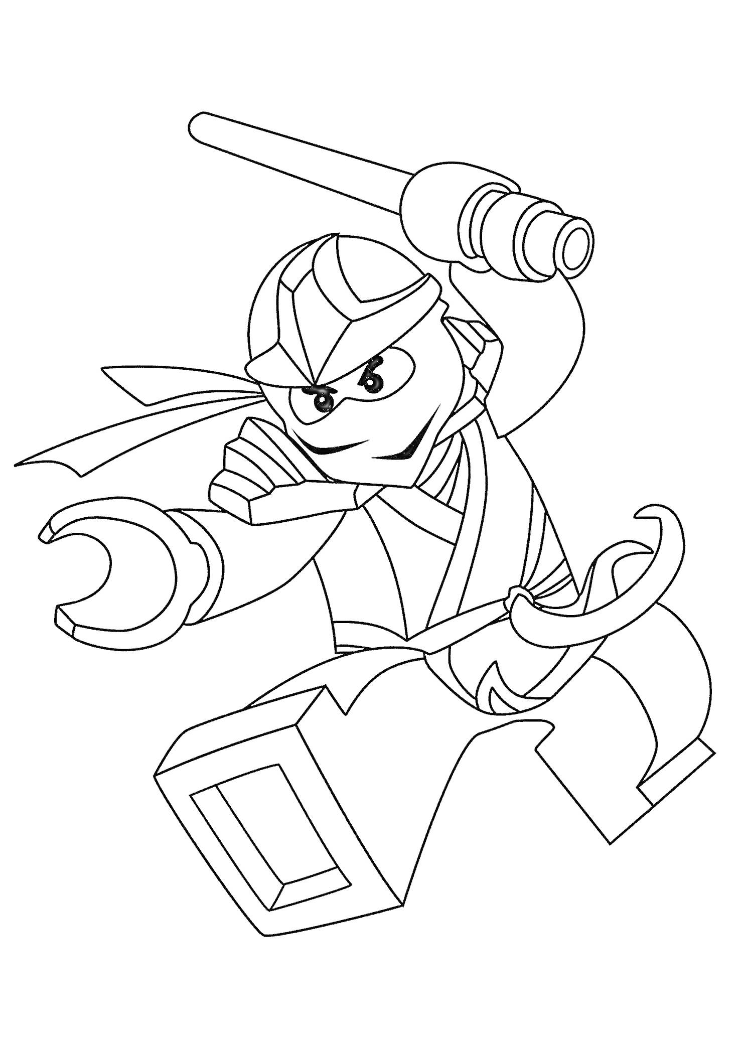 Раскраска LEGO фигурка в движении с маской, посохом и мечом в боевой стойке