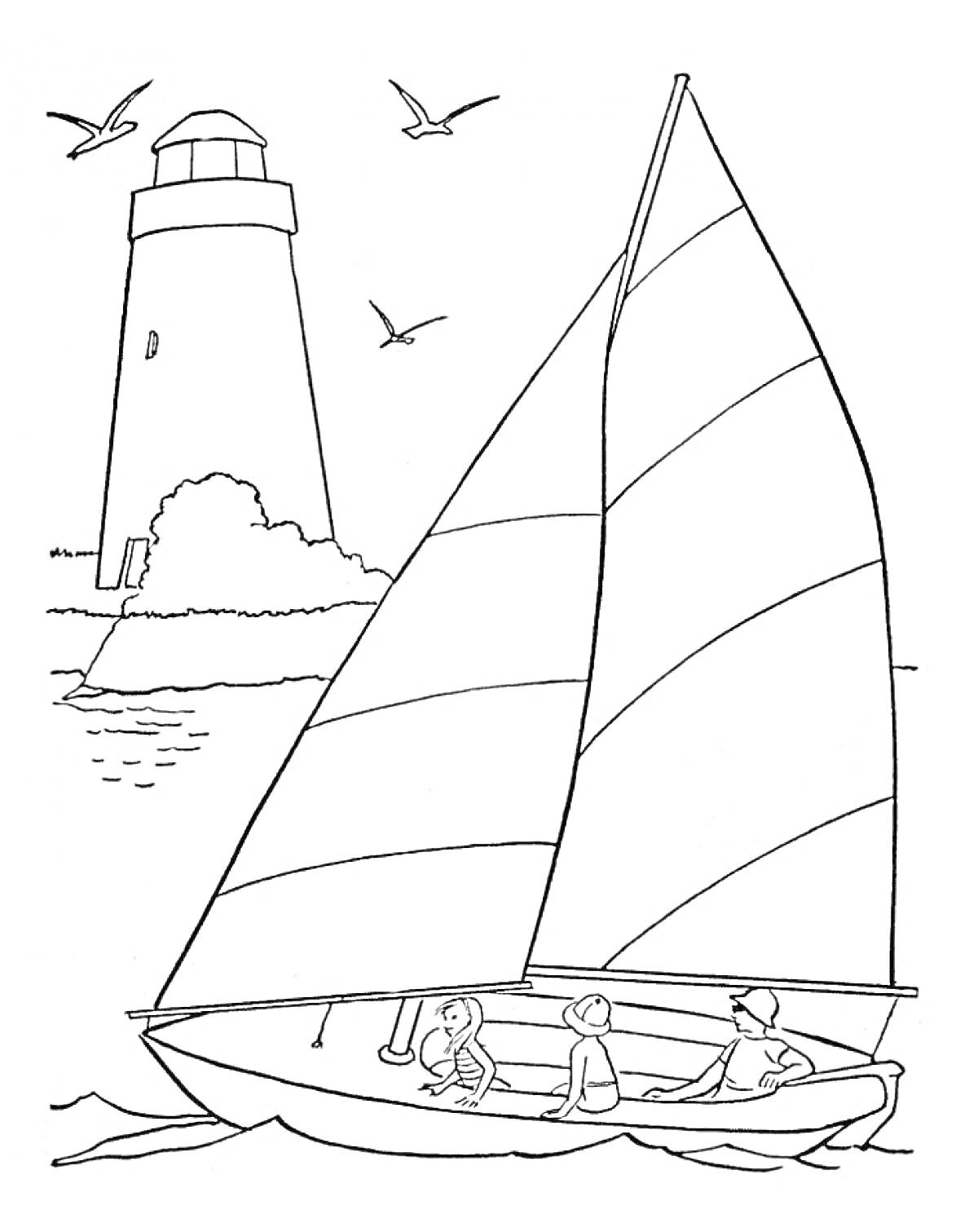 Раскраска Маяк, парусная лодка с людьми, птицы
