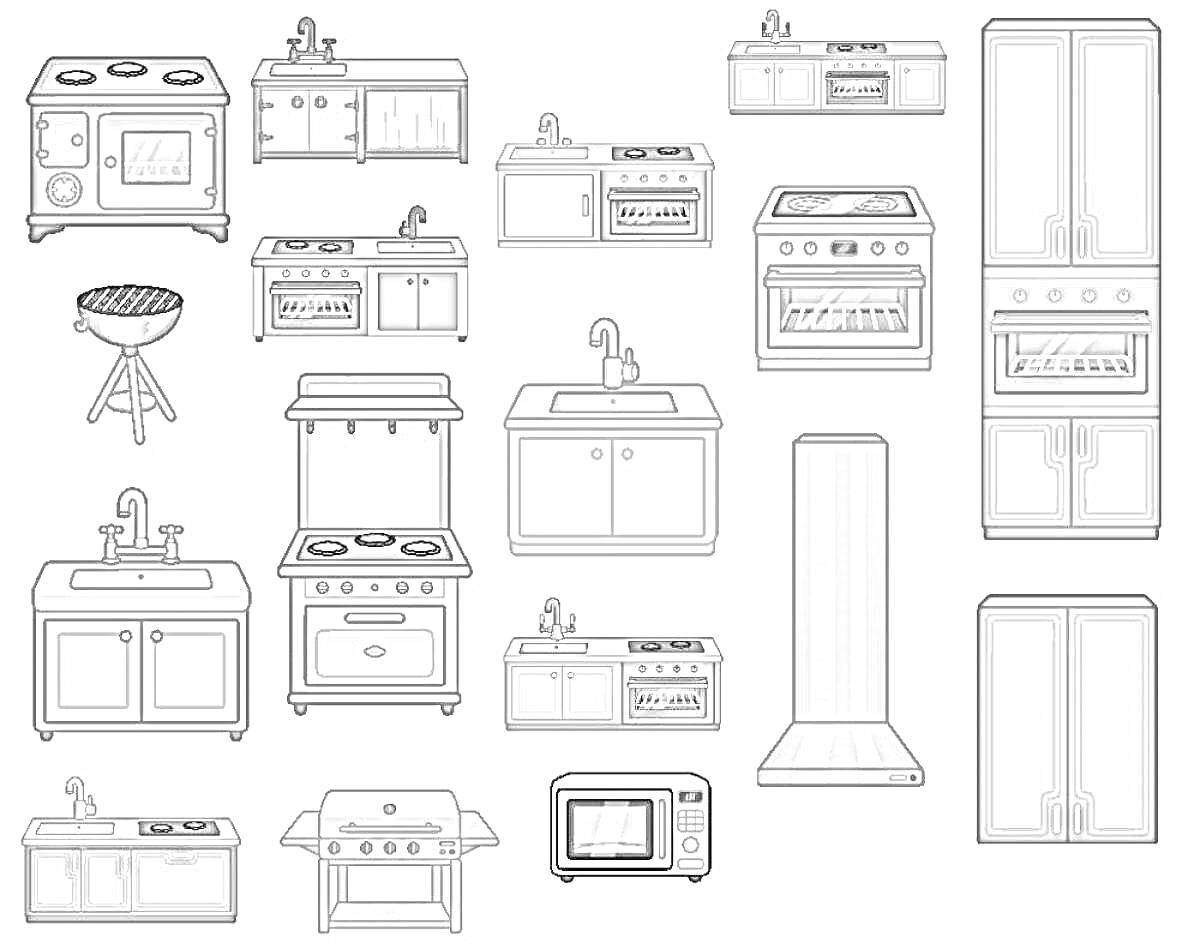 На раскраске изображено: Кухня, Мебель, Вытяжка, Микроволновая печь, Бумажный домик, Раковина, Шкаф, Тока бока