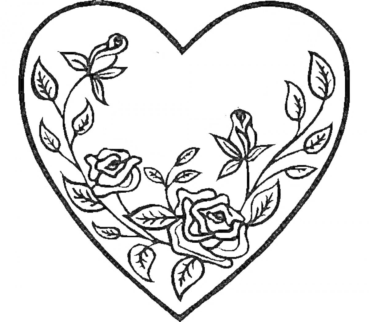 Раскраска сердце с розами и ветками листьев внутри