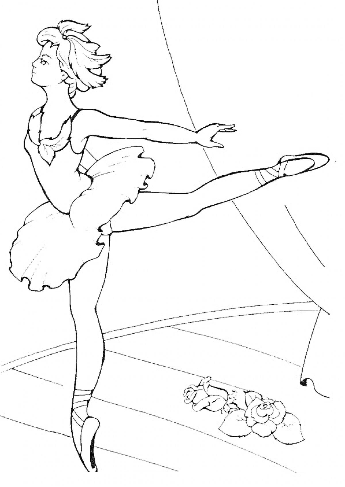 Раскраска Балерина на сцене с цветами