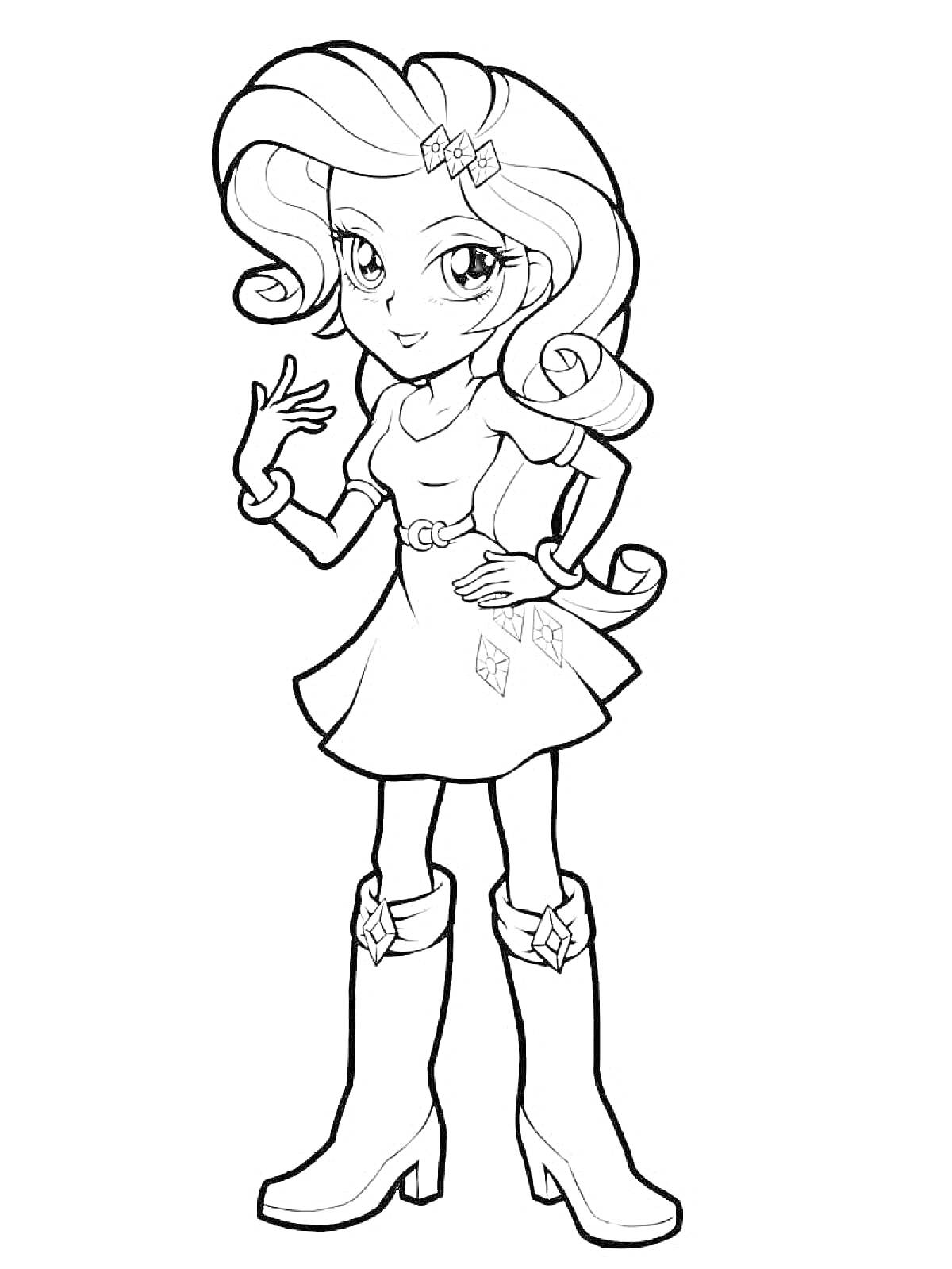 Девушка с вьющимися волосами, двумя заколками-бантами, в платье с украшением на поясе и ботинках на каблуке