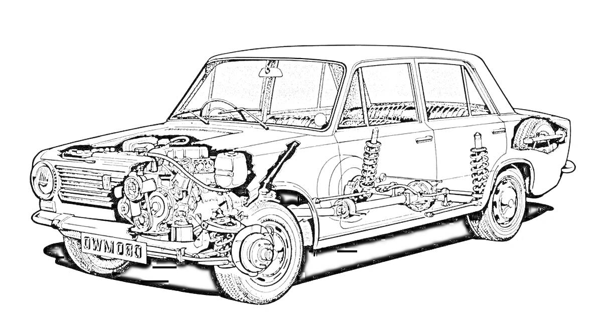 Раскраска Жигули семерка с разрезом, показывающим двигатель, подвеску и внутренние элементы