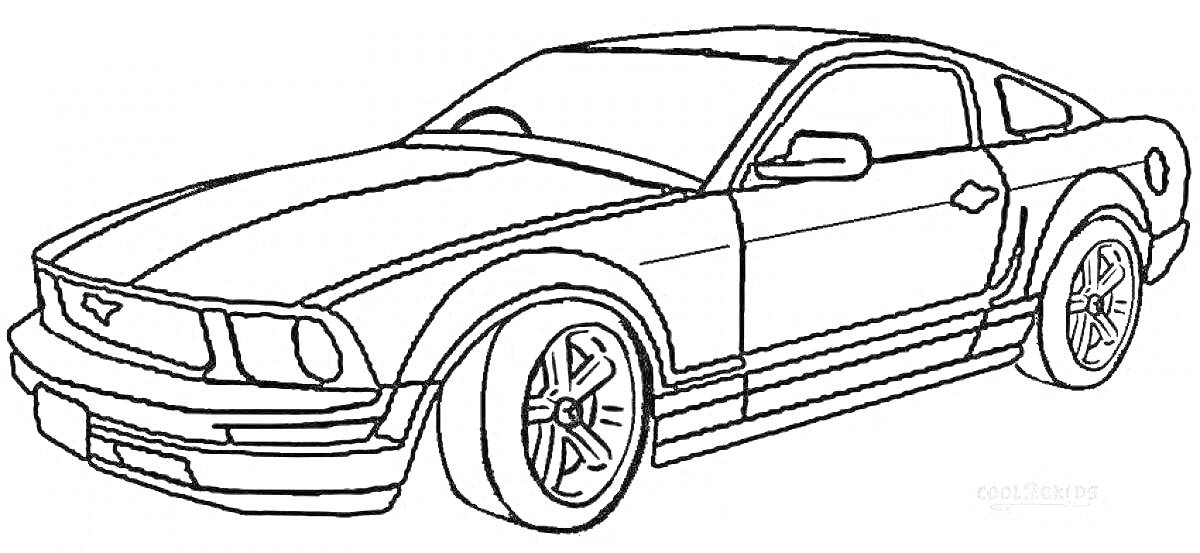 На раскраске изображено: Мустанг, Авто, Спорткар, Полосы, Колёса, Карандашный эскиз