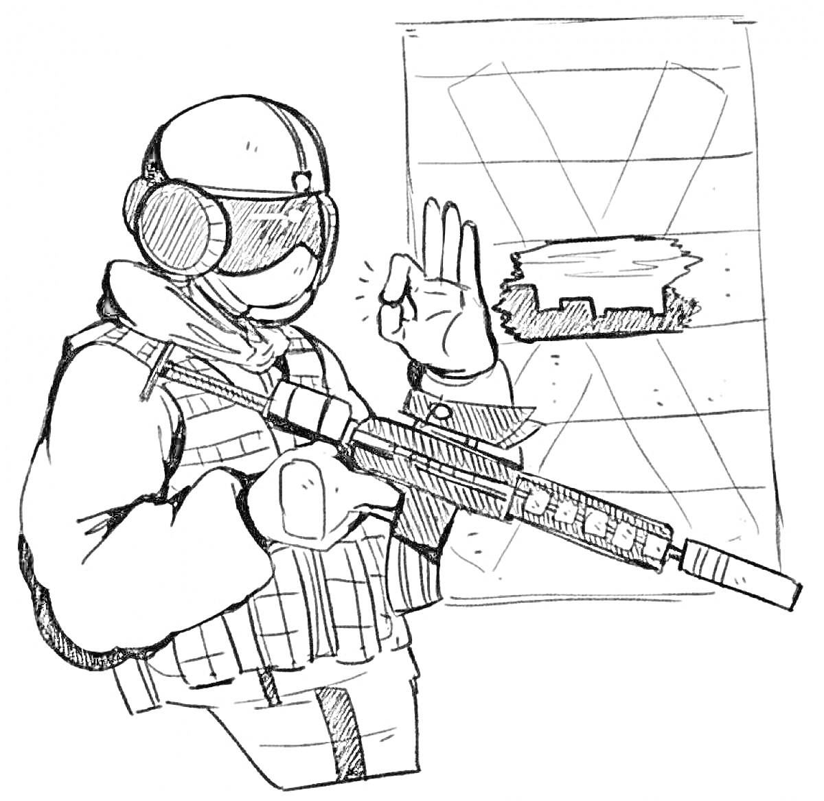 Раскраска Спецназовец с автоматом и мишенью, показывающий жест 