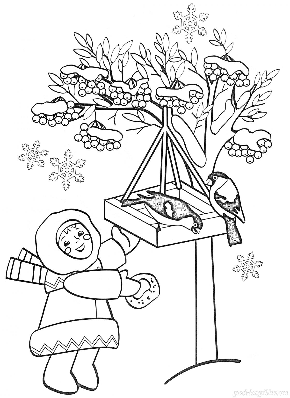 Раскраска Ребенок кормит птиц хлебом, деревья со снегом, кормушка с двумя птицами, снежинки