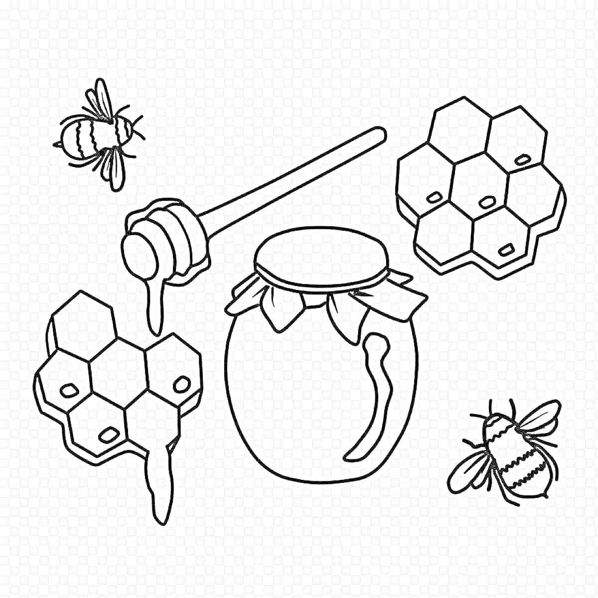 Раскраска Пчёлы возле сот, деревянная палочка для мёда и банка с мёдом.